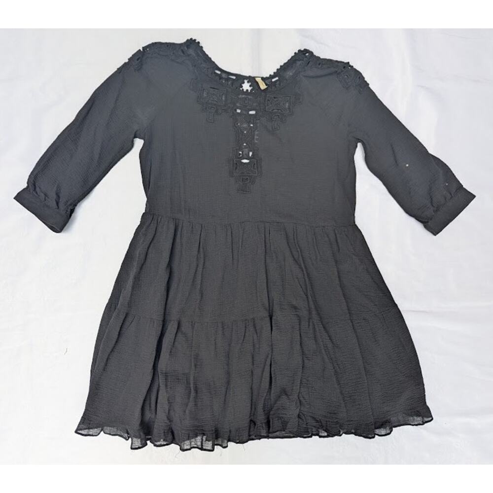 Free People Black Sheer Crochet 3/4 Sleeve Shift Whimsical Boho Dress Sz Large
